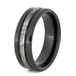 Black Ceramic Ring With Meteorite & Wood Inlays 12 Black Ceramic Ring With Meteorite & Wood Inlays -Johan Jewelry Shop Meteorite Green Box Elder Burl Black Ceramic 2150 3