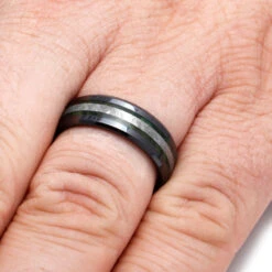 Black Ceramic Ring With Meteorite & Wood Inlays 14 Black Ceramic Ring With Meteorite & Wood Inlays -Johan Jewelry Shop Meteorite Green Box Elder Burl Black Ceramic 2150 5