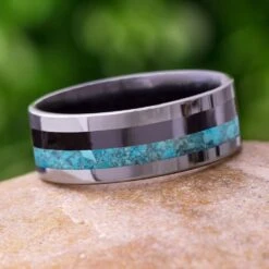 Turquoise & Black Ceramic Ring With Titanium Edges