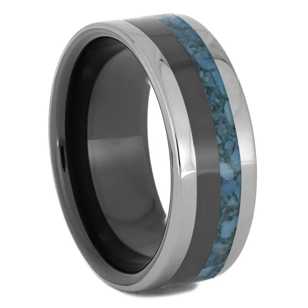 Turquoise & Black Ceramic Ring With Titanium Edges 4 Turquoise & Black Ceramic Ring With Titanium Edges - Image 2