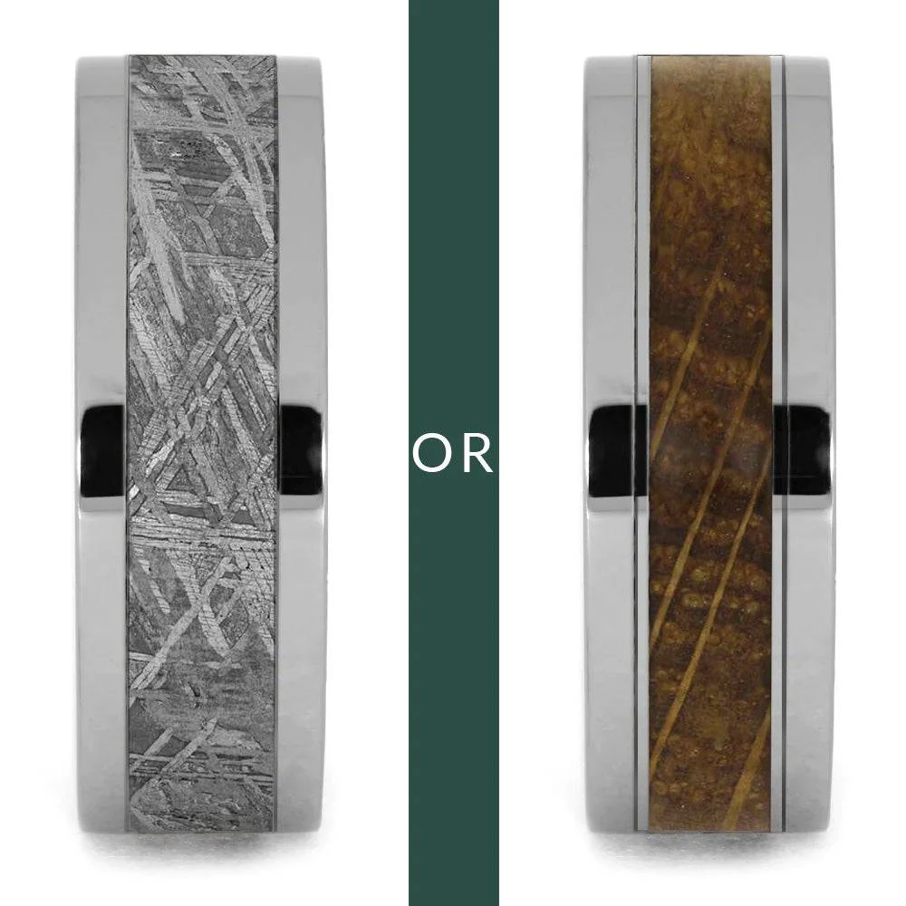 Modular Titanium Ring Set With Whiskey Barrel Oak & Meteorite Inlays 5 Modular Titanium Ring Set With Whiskey Barrel Oak & Meteorite Inlays - Image 3