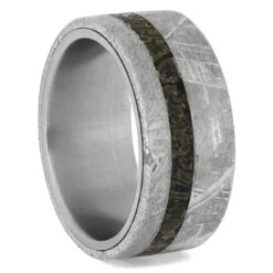 Meteorite Ring With Offset Inlay Of Fossilized Dinosaur Bone