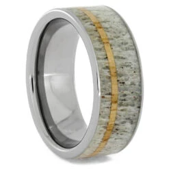 Antler Wedding Band With Oak Wood Pinstripe