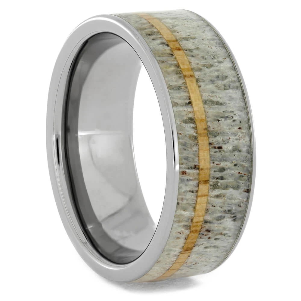Antler Wedding Band With Oak Wood Pinstripe 3 Antler Wedding Band With Oak Wood Pinstripe