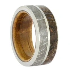 Meteorite And Dinosaur Bone Wedding Band With Whiskey Oak Sleeve