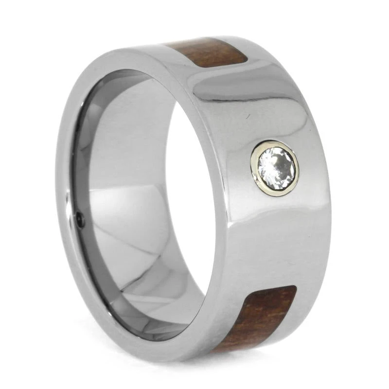 Diamond Engagement Ring In Koa Wood, Wood Ring In Titanium 3 Diamond Engagement Ring In Koa Wood, Wood Ring In Titanium