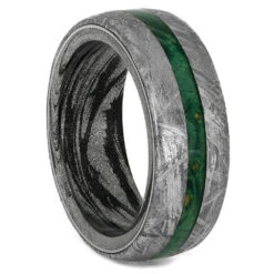 Green Wood Wedding Band With Meteorite And Mokume