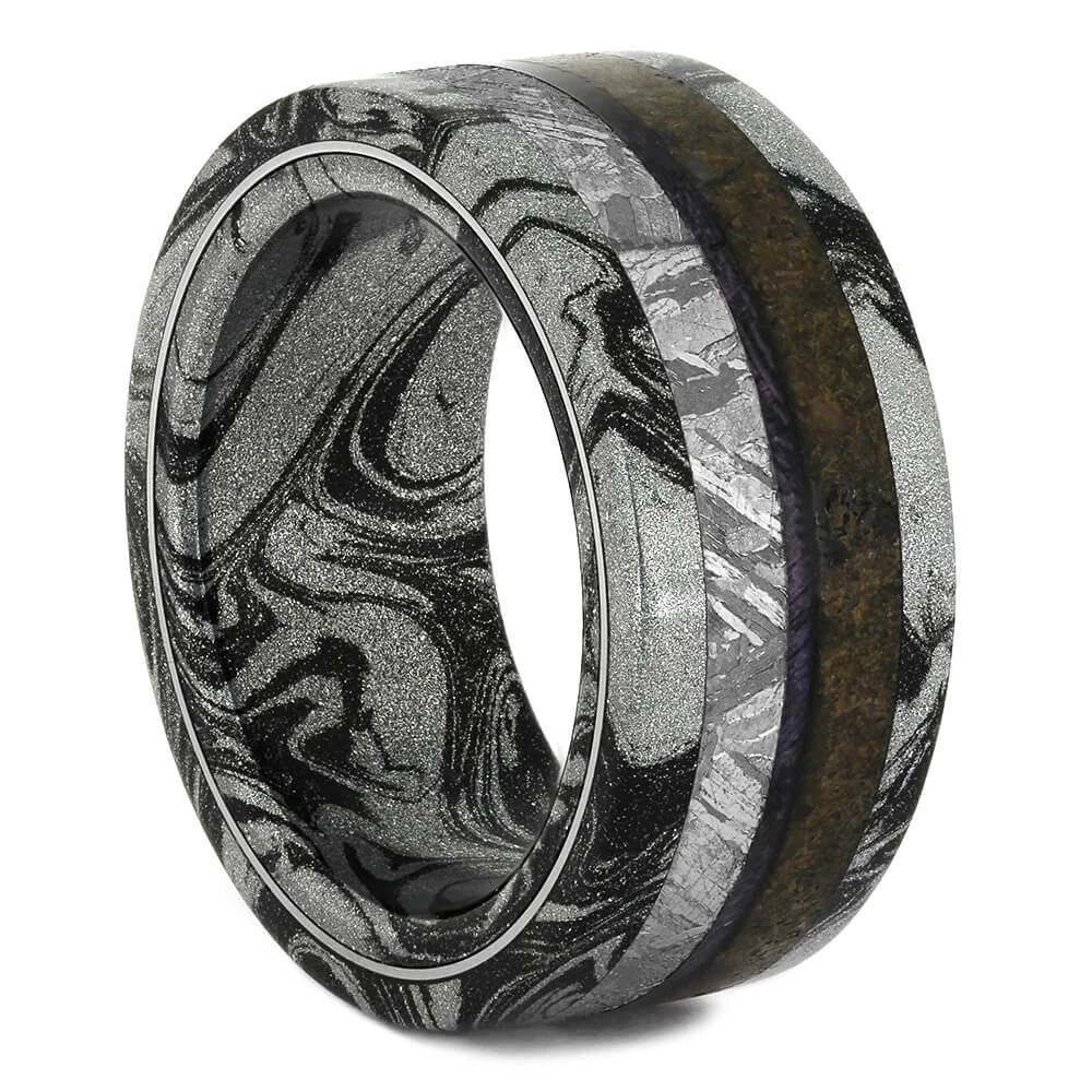Black & White Mokume Wedding Band With Dinosaur Bone 3 Black & White Mokume Wedding Band With Dinosaur Bone