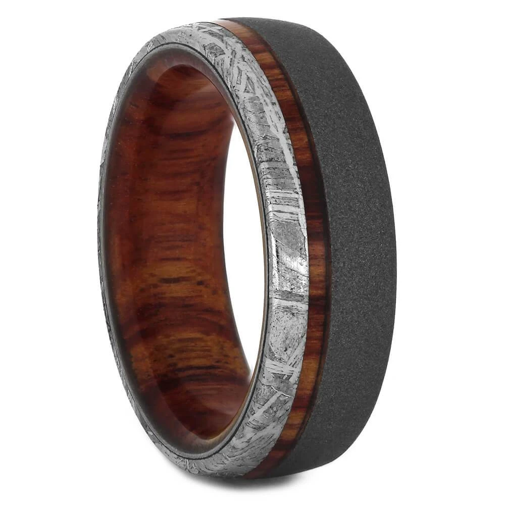 Exotic Wood And Meteorite Wedding Band With Sandblasted Titanium 4 Exotic Wood And Meteorite Wedding Band With Sandblasted Titanium - Image 2