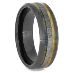 Men's Black Ceramic Meteorite Ring With Blue Wood