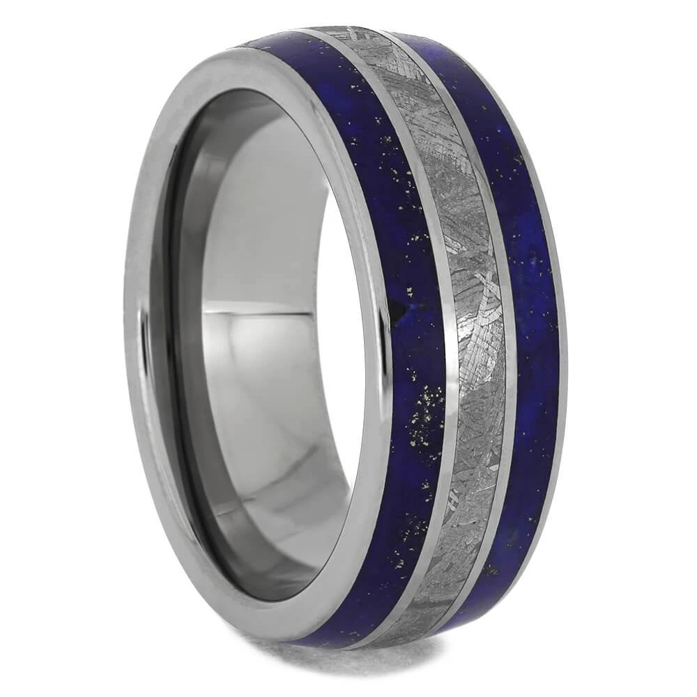 Blue Lapis Lazuli Ring With Meteorite Inlays, Titanium Men's Wedding Band 4 Blue Lapis Lazuli Ring With Meteorite Inlays, Titanium Men's Wedding Band - Image 2
