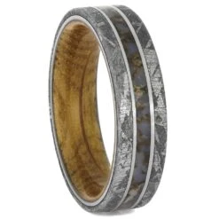 Fossil And Meteorite Ring With Whiskey Oak Wood