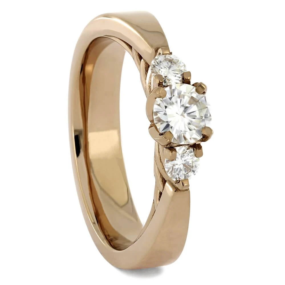 Triple Stone Moissanite Engagement Ring In Rose Gold 3 Triple Stone Moissanite Engagement Ring In Rose Gold
