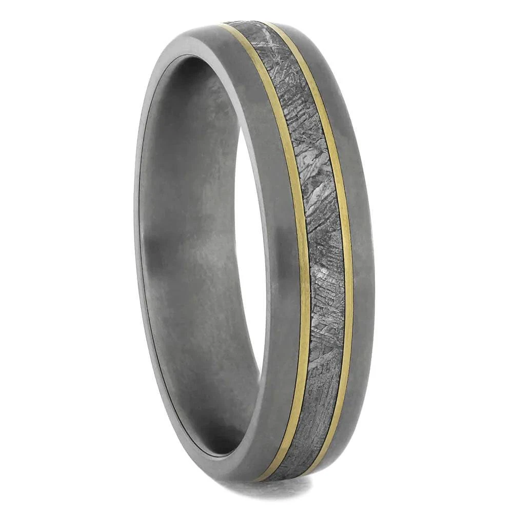 Men's Meteorite Ring With Yellow Gold Pinstripes 3 Men's Meteorite Ring With Yellow Gold Pinstripes