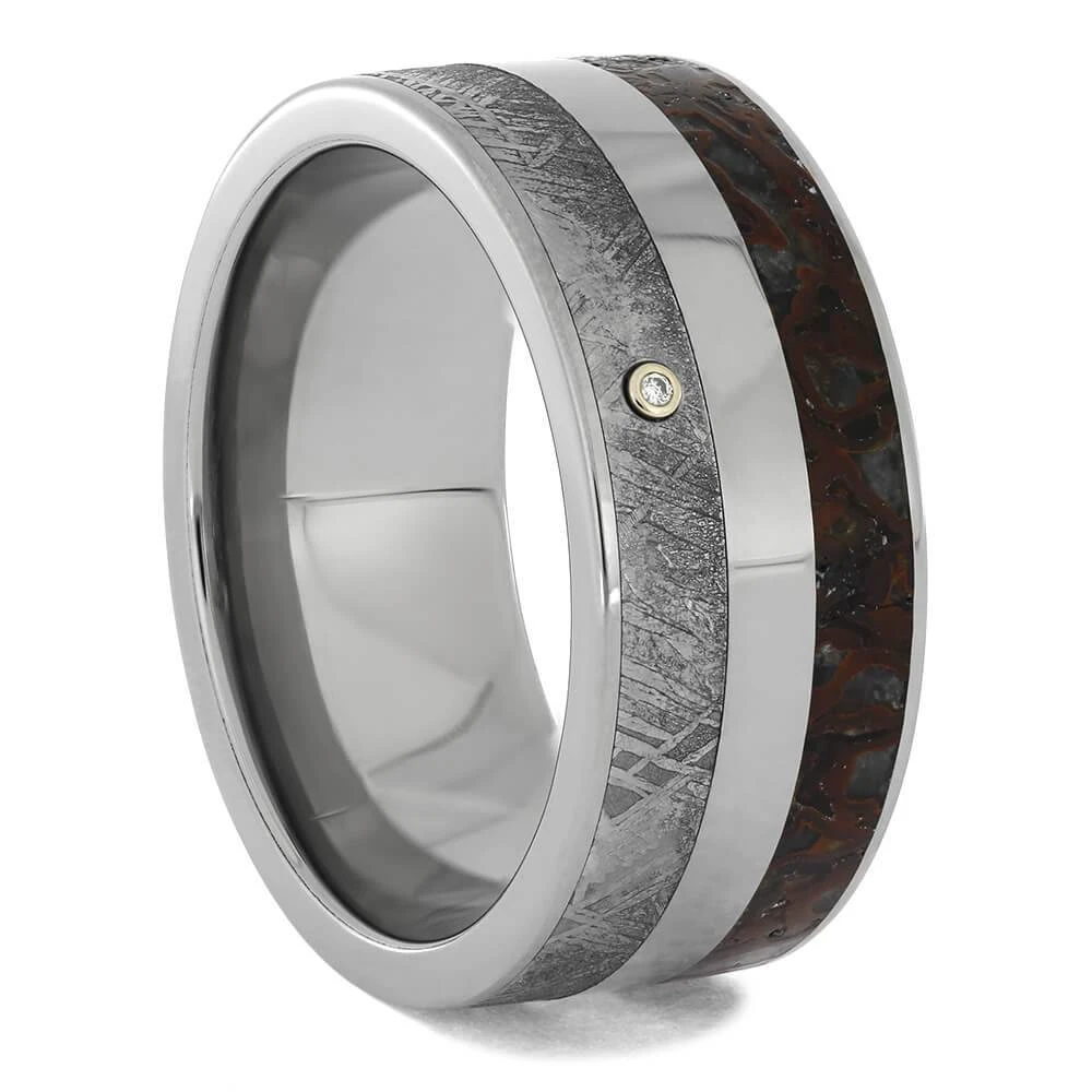 Unique Dinosaur Bone Ring With Meteorite & Diamond 3 Unique Dinosaur Bone Ring With Meteorite & Diamond
