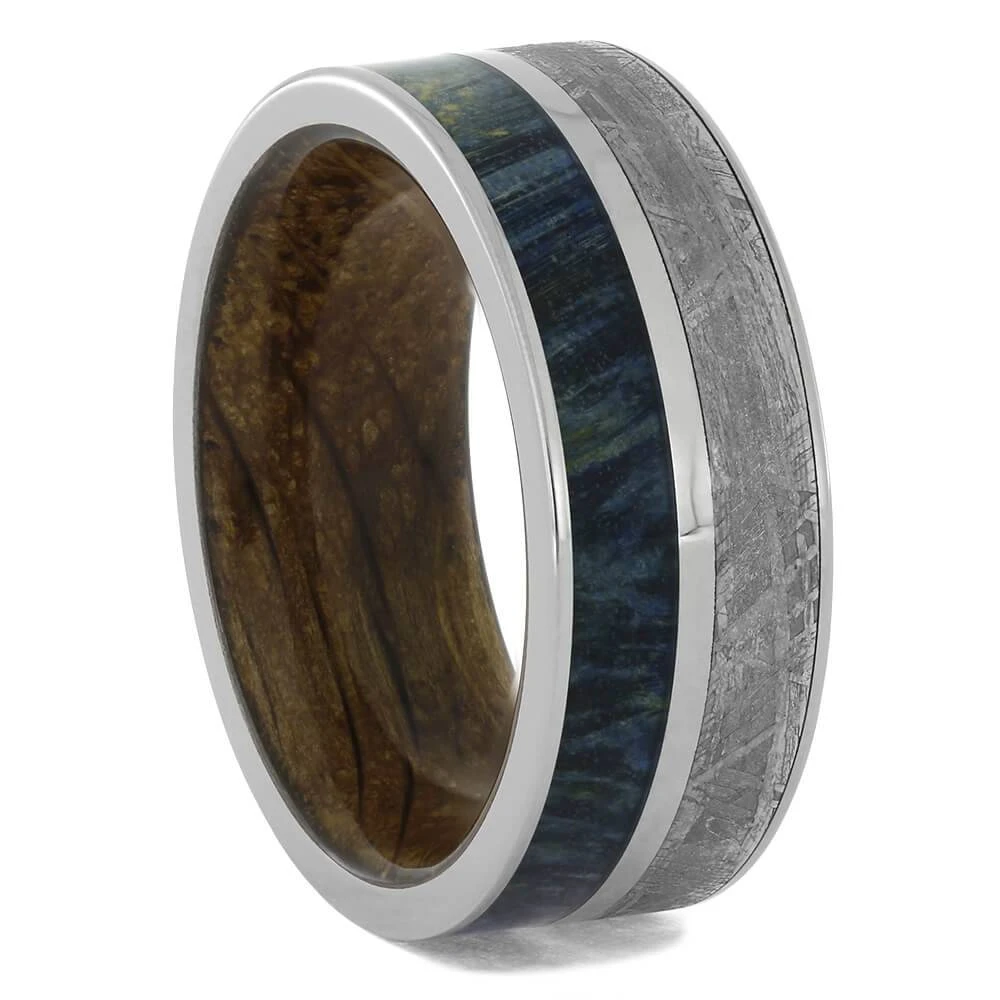 Blue Wood And Whiskey Barrel Ring With Meteorite 3 Blue Wood And Whiskey Barrel Ring With Meteorite