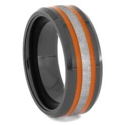 Orange Enamel And Black Ceramic Ring With Meteorite