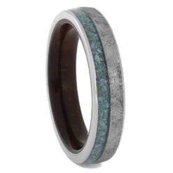 Turquoise And Meteorite Ring For Men With Ironwood Sleeve