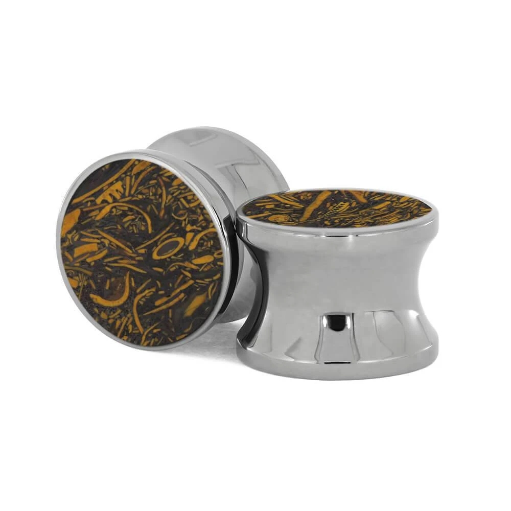 Titanium 5/8" Coquina Jasper Ear Gauges 3 Titanium 5/8" Coquina Jasper Ear Gauges