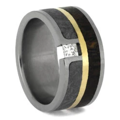 Unique Ring With Diamond, Meteorite, Dinosaur Bone, And Gold