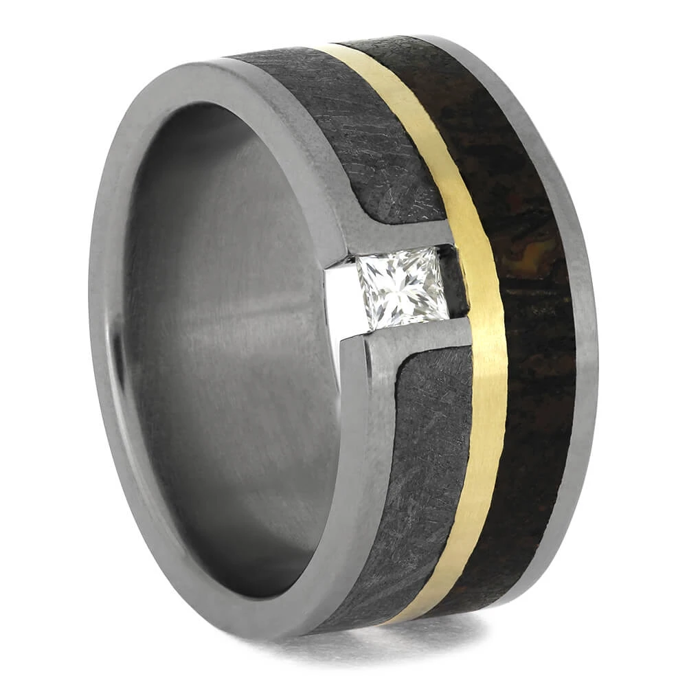 Unique Ring With Diamond, Meteorite, Dinosaur Bone, And Gold 3 Unique Ring With Diamond, Meteorite, Dinosaur Bone, And Gold