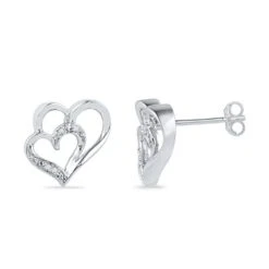 Double Heart Diamond Stud Earrings, Silver Or White Gold