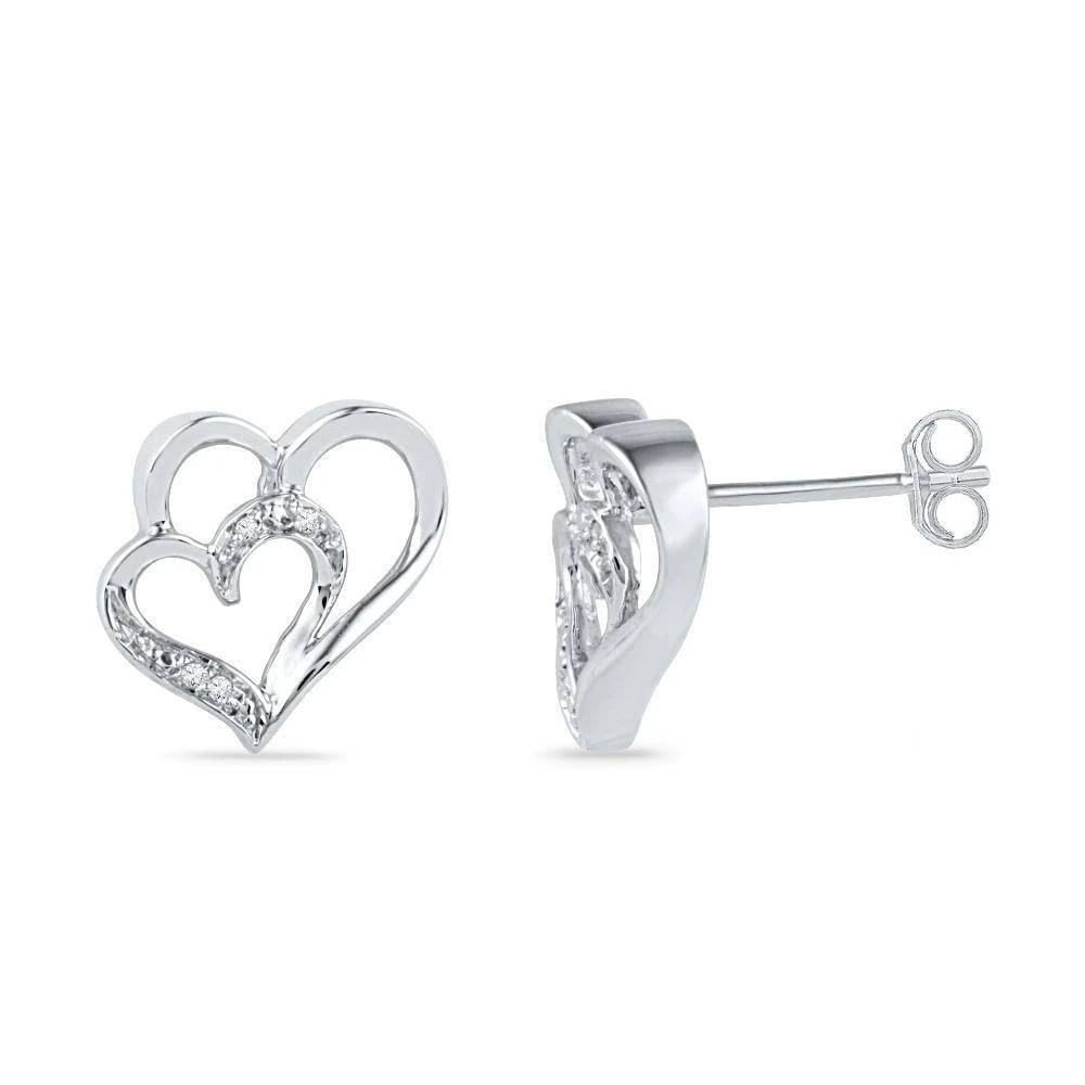 Double Heart Diamond Stud Earrings, Silver Or White Gold 3 Double Heart Diamond Stud Earrings, Silver Or White Gold