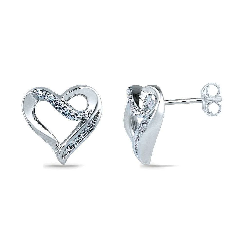 Diamond Heart Stud Earrings, Sterling Silver Or White Gold 3 Diamond Heart Stud Earrings, Sterling Silver Or White Gold
