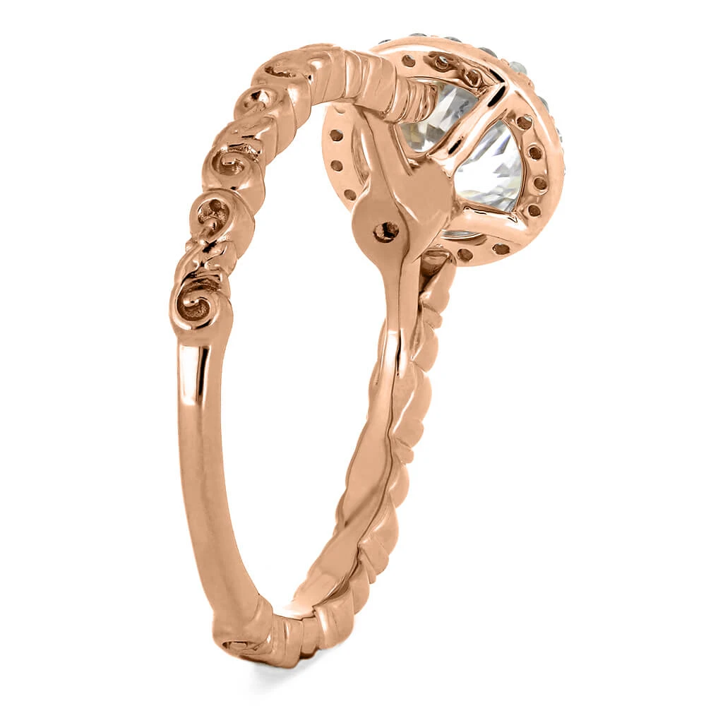 Round Cut Moissanite Halo Engagement Ring With Swirled Band 7 Round Cut Moissanite Halo Engagement Ring With Swirled Band - Image 5