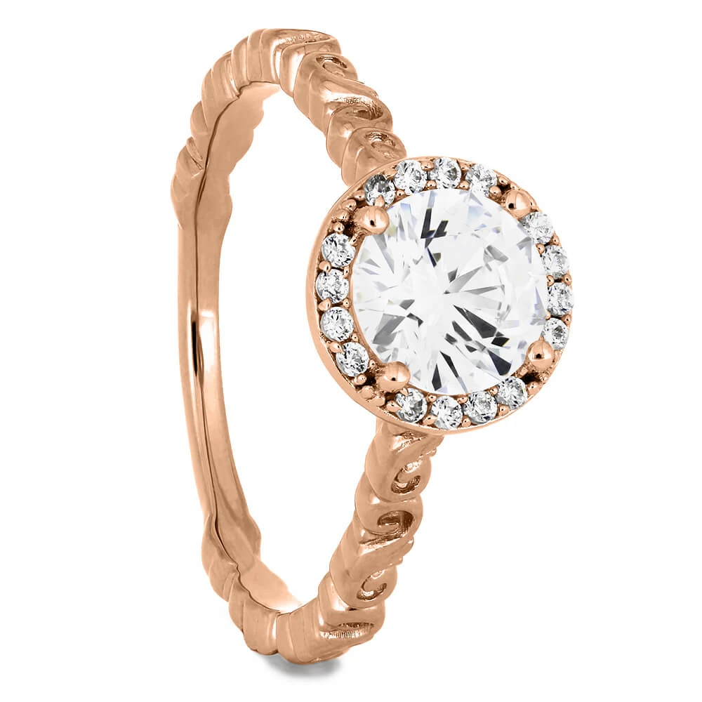 Round Cut Moissanite Halo Engagement Ring With Swirled Band 5 Round Cut Moissanite Halo Engagement Ring With Swirled Band - Image 3