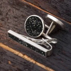 Black Stardust Cuff Links & Tie Clip Bundle