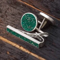 Green Stardust Cuff Links & Tie Clip Bundle