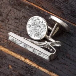 White Stardust Cuff Links & Tie Clip Bundle