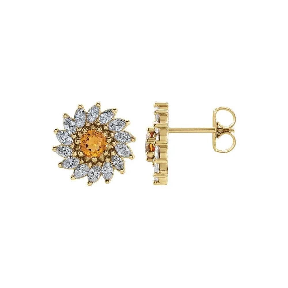 Natural Citrine & Natural Diamond Flower Stud Earrings 3 Natural Citrine & Natural Diamond Flower Stud Earrings
