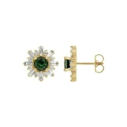 Natural Green Tourmaline & Natural Diamond Flower Stud Earrings