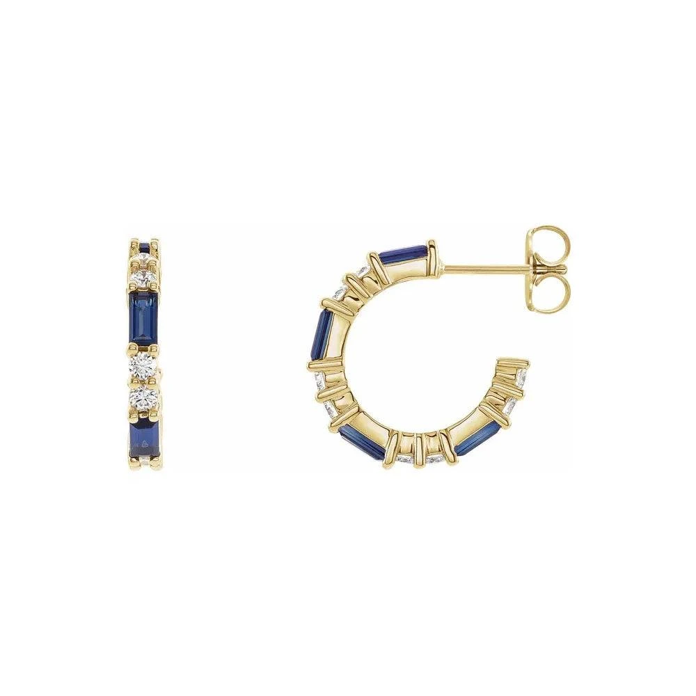 Natural Blue Sapphire & Natural Diamond Hoop Earrings 3 Natural Blue Sapphire & Natural Diamond Hoop Earrings