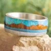 Tropical Mountain Wedding Band With Wood, Opal, And Meteorite