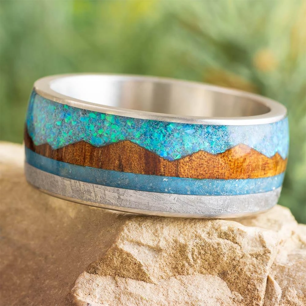 Tropical Mountain Wedding Band With Wood, Opal, And Meteorite 3 Tropical Mountain Wedding Band With Wood, Opal, And Meteorite