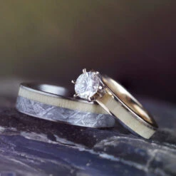 Aspen Wood Wedding Ring Set, Yellow Gold Moissanite Engagement With Meteorite Wedding Band