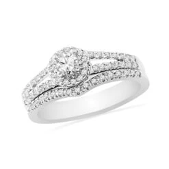 Diamond Halo Bridal Ring Set, Matching Wedding Rings For Her