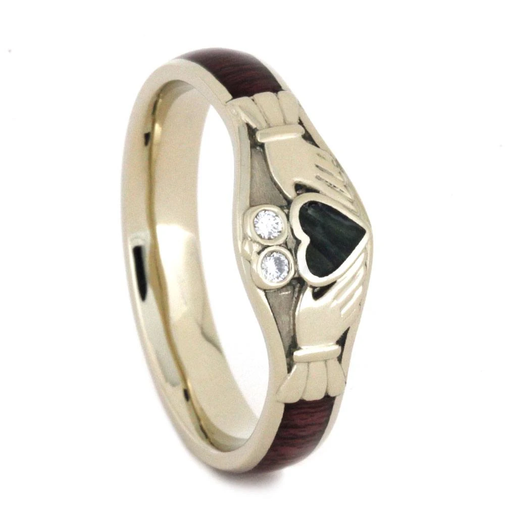 Claddagh Engagement Ring With Jade Heart, Diamonds And Wood 3 Claddagh Engagement Ring With Jade Heart, Diamonds And Wood