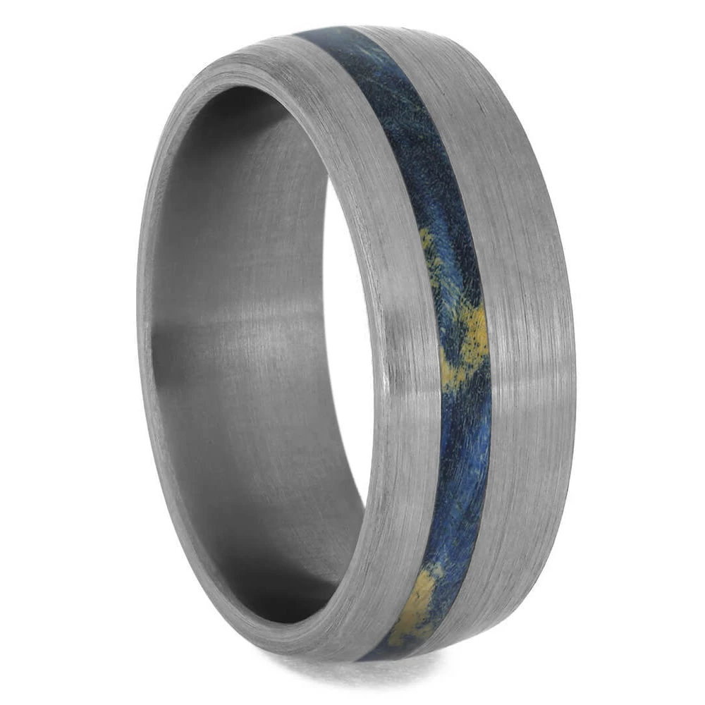Blue Box Elder Wood Wedding Band With Brushed Titanium 4 Blue Box Elder Wood Wedding Band With Brushed Titanium - Image 2