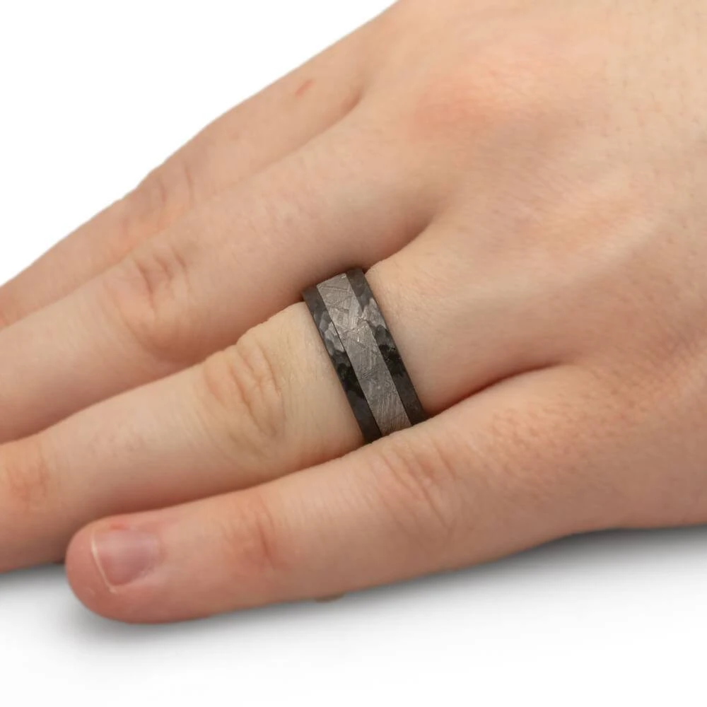 Hammered Zirconium & Meteorite Men's Wedding Band 5 Hammered Zirconium & Meteorite Men's Wedding Band - Image 3