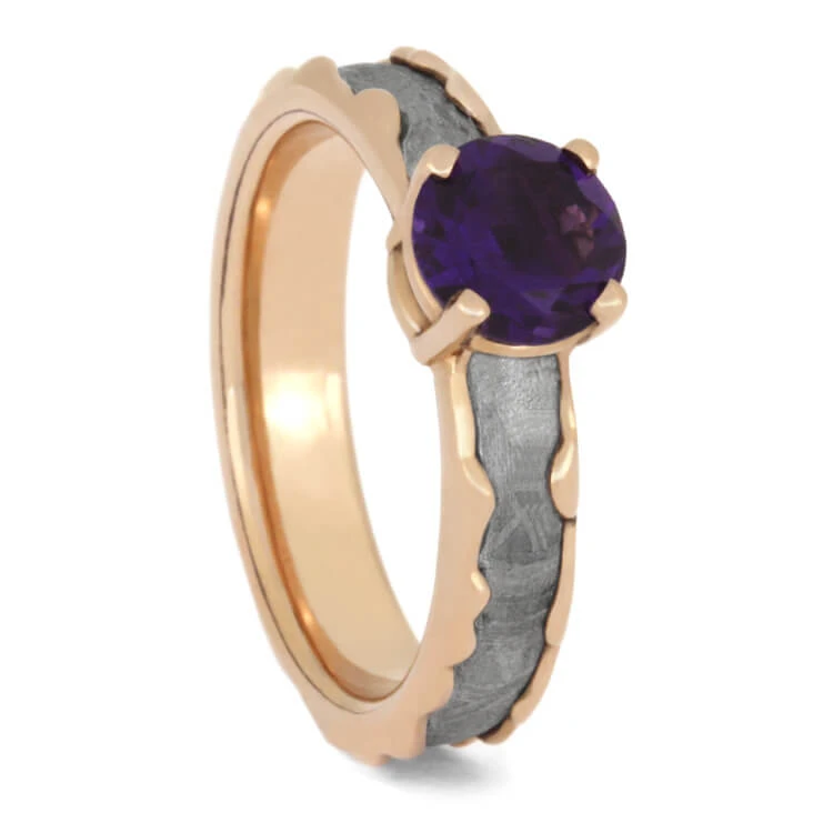 Amethyst Engagement Ring With Wavy Band Inlaid With Meteorite 4 Amethyst Engagement Ring With Wavy Band Inlaid With Meteorite - Image 2