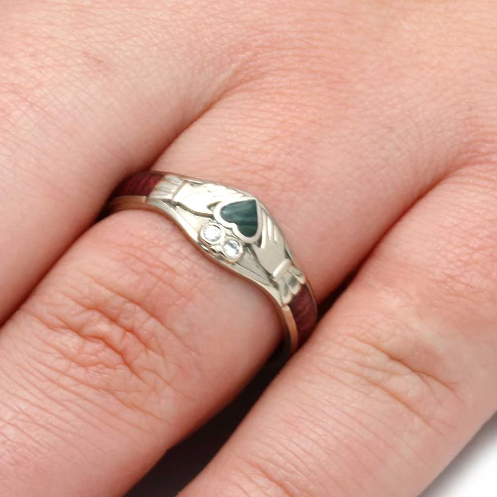 Claddagh Engagement Ring With Jade Heart, Diamonds And Wood 7 Claddagh Engagement Ring With Jade Heart, Diamonds And Wood - Image 5