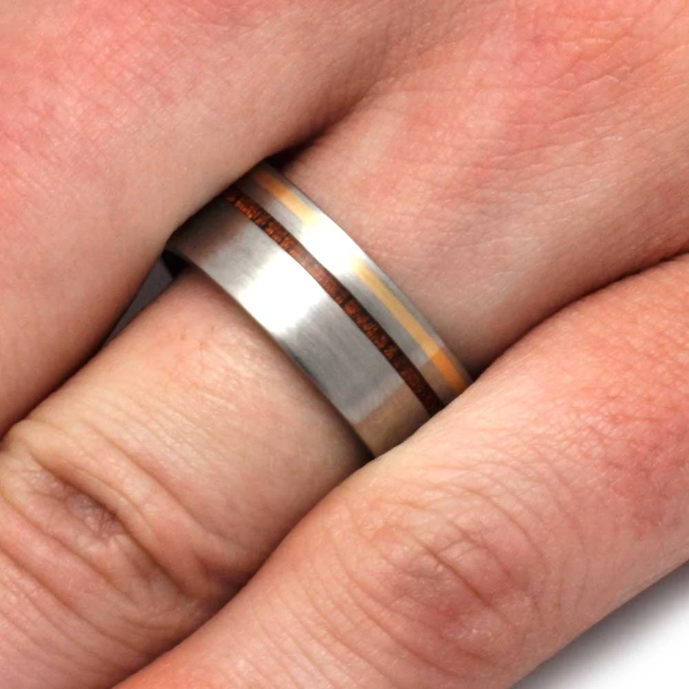 Brushed Titanium And Wood Ring With Gold Pinstripe 5 Brushed Titanium And Wood Ring With Gold Pinstripe - Image 3