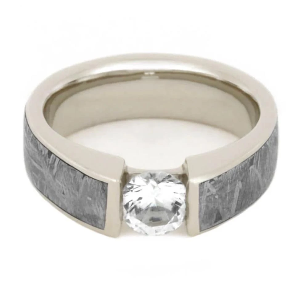 Tension Set White Sapphire Ring With Meteorite In White Gold 7 Tension Set White Sapphire Ring With Meteorite In White Gold - Image 5