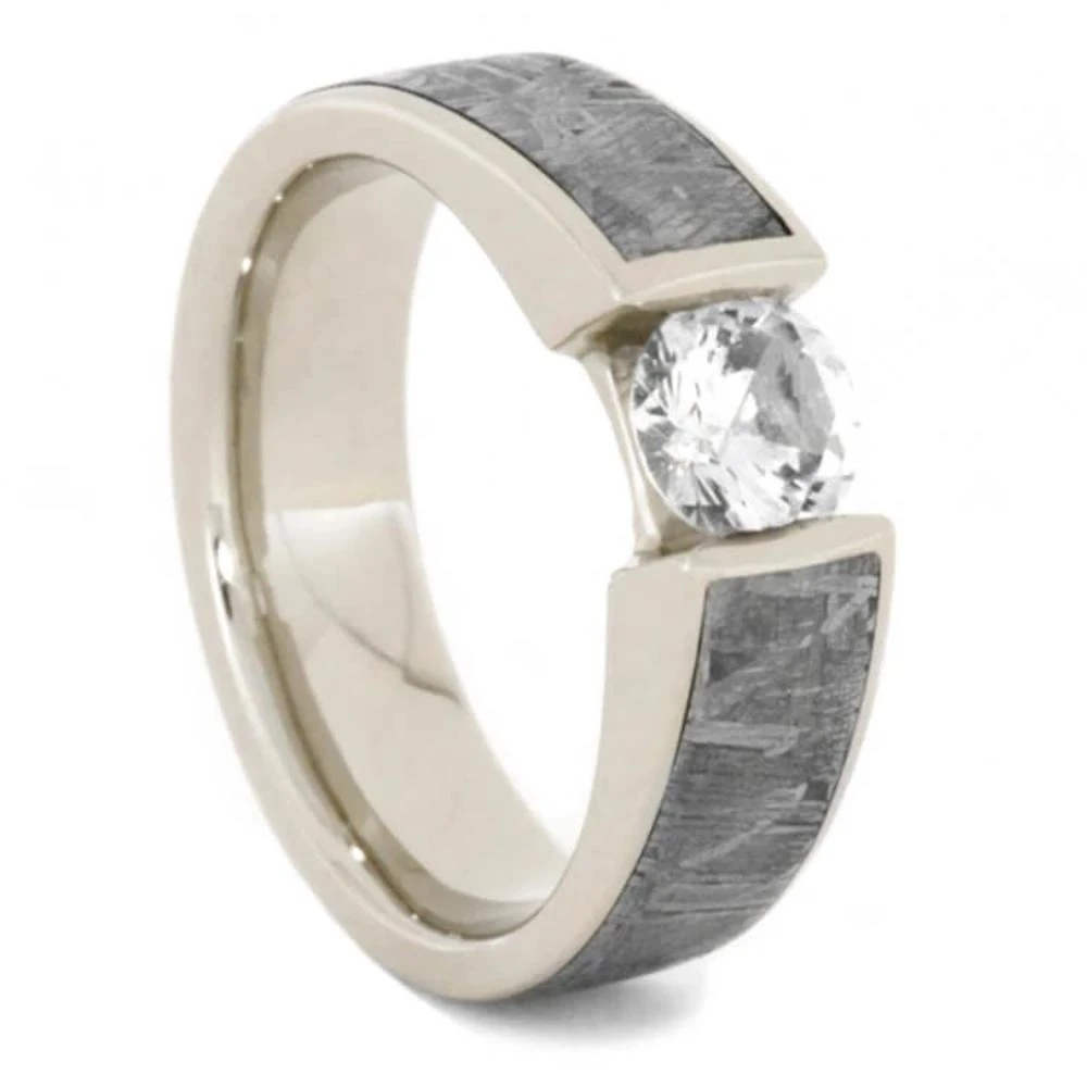 Tension Set White Sapphire Ring With Meteorite In White Gold 4 Tension Set White Sapphire Ring With Meteorite In White Gold - Image 2