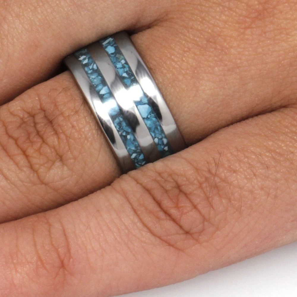 Wide Wedding Band With Two Turquoise Inlays 6 Wide Wedding Band With Two Turquoise Inlays - Image 4