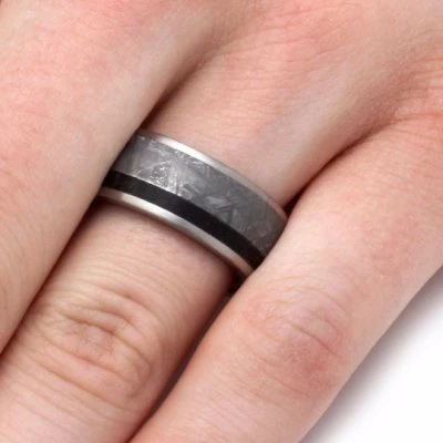 Meteorite Men's Wedding Band With Dinosaur Bone And Ruby Redwood Sleeve 8 Meteorite Men's Wedding Band With Dinosaur Bone And Ruby Redwood Sleeve - Image 6